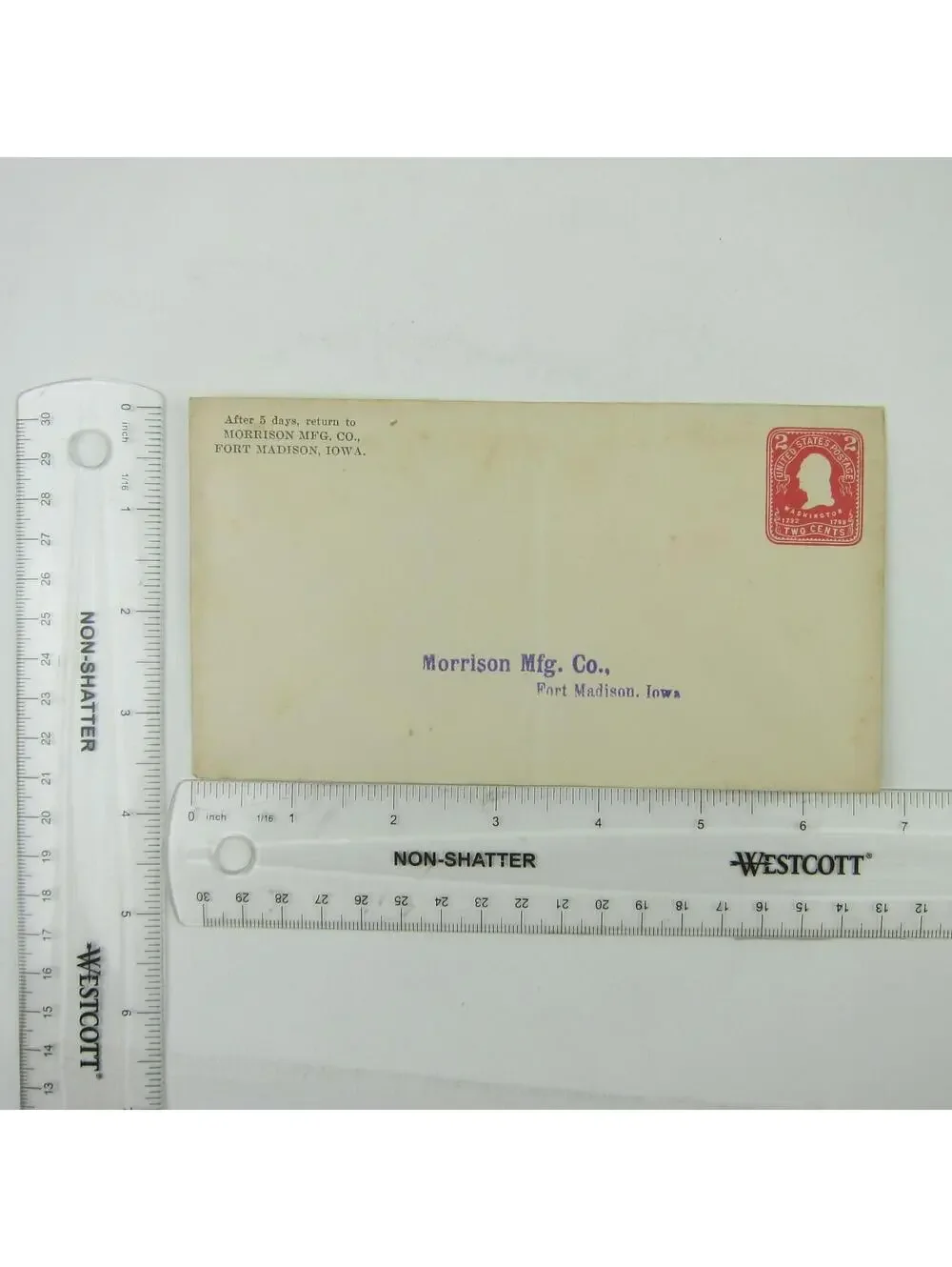 US Postal Stationery Morrison Mfg Co Fort Madison Iowa 2 cent Washington Antique